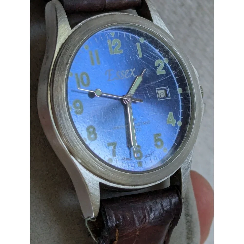 Essex Men's Blue Dial Field Watch Brown Leather Strap Quartz 36815FM (w Battery)